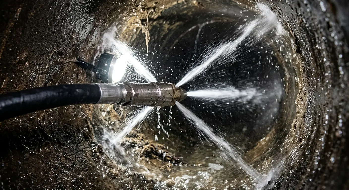 High-pressure hydro jetting nozzle cleaning sewer pipe for Emergency Drain Service in LaGrange