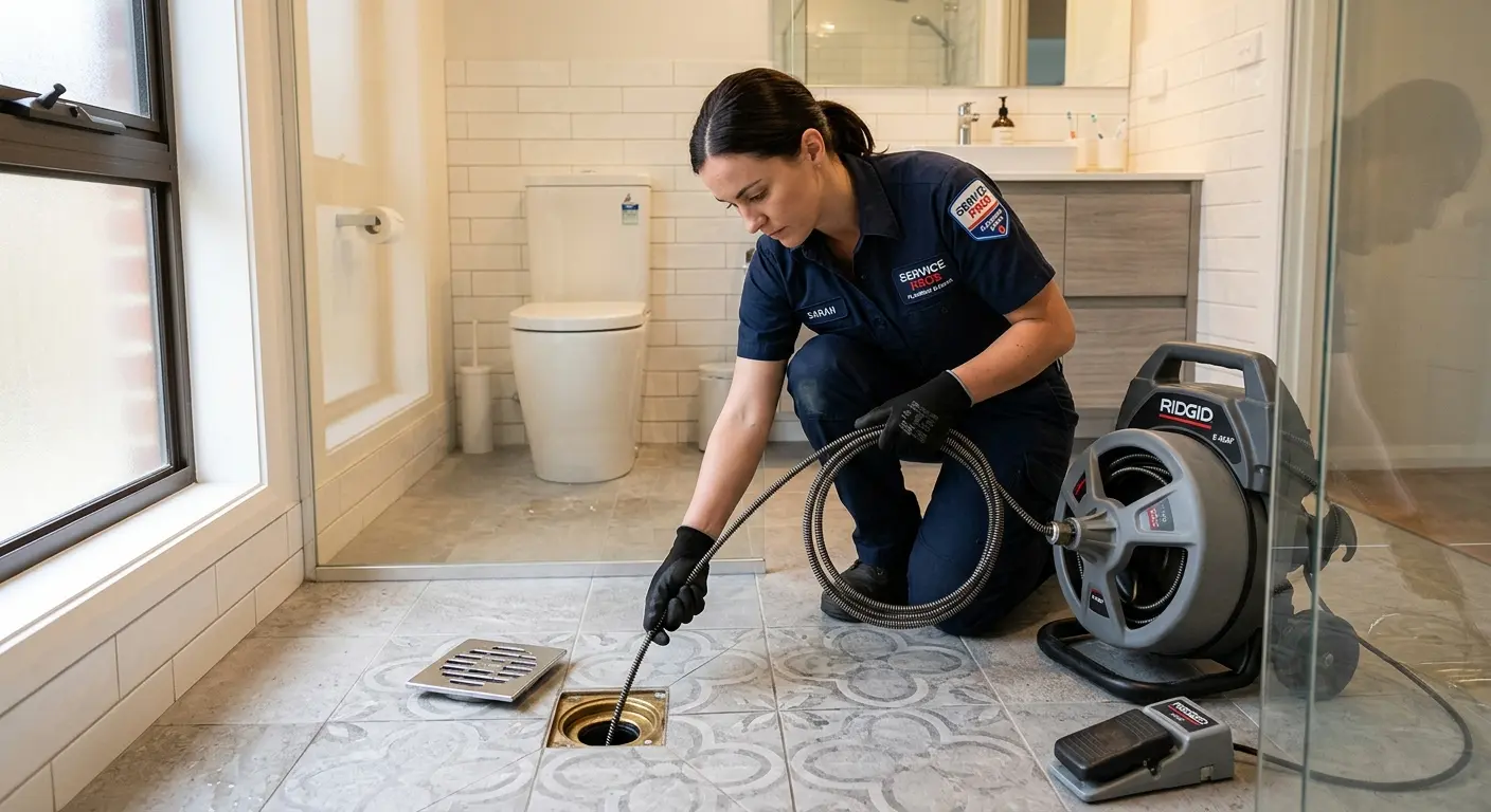 Technician clearing a bathroom floor drain for Drain Cleaning in LaGrange